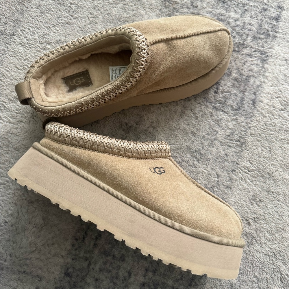 UGG Tan Platform Mules with Cozy Knit Trim